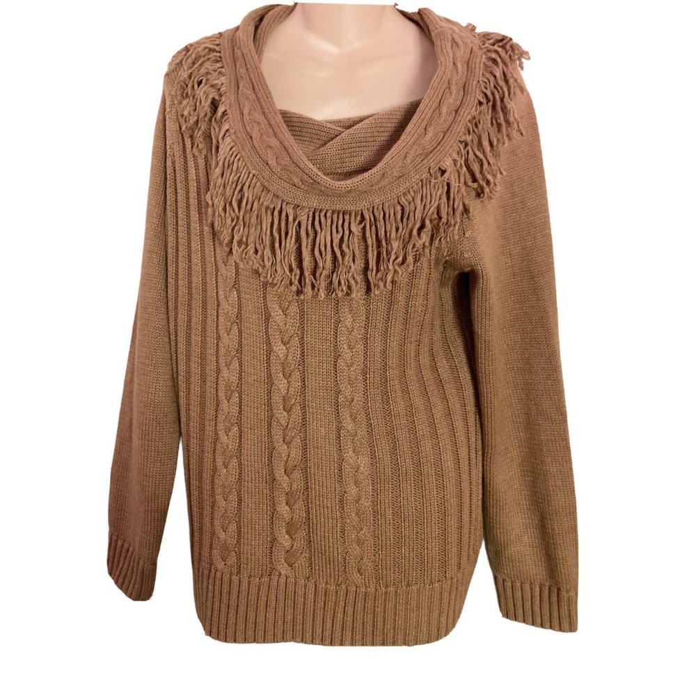 Moonlit Bay Brown Fringe Cowl Neck Sweater Pullover Women’s Medium